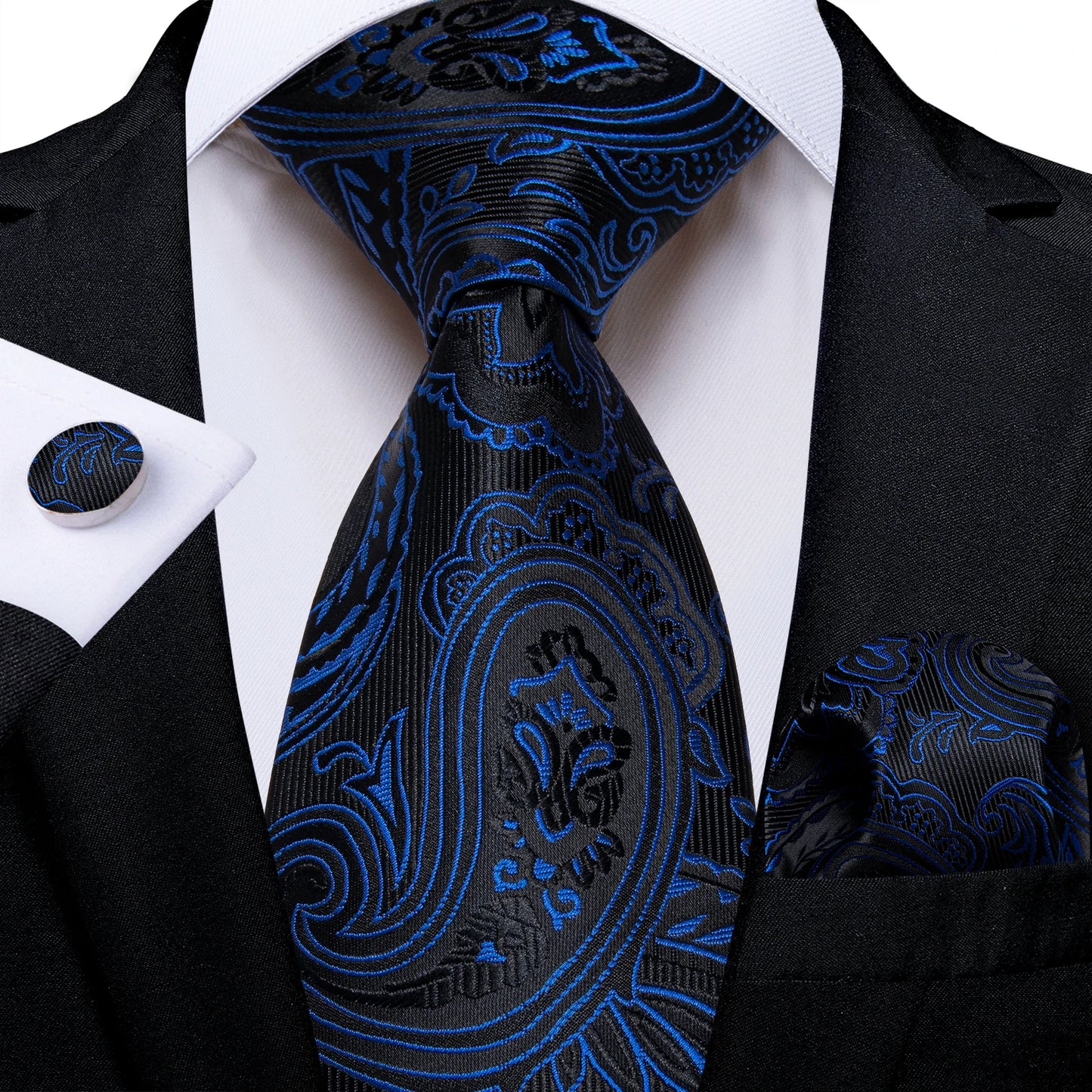 Royal Blue Paisley Plaid Striped Men tie Set with Handkerchief Cufflinks Wedding Prom Groom Accessories Perfect Gift for Men BAZAARHUBO