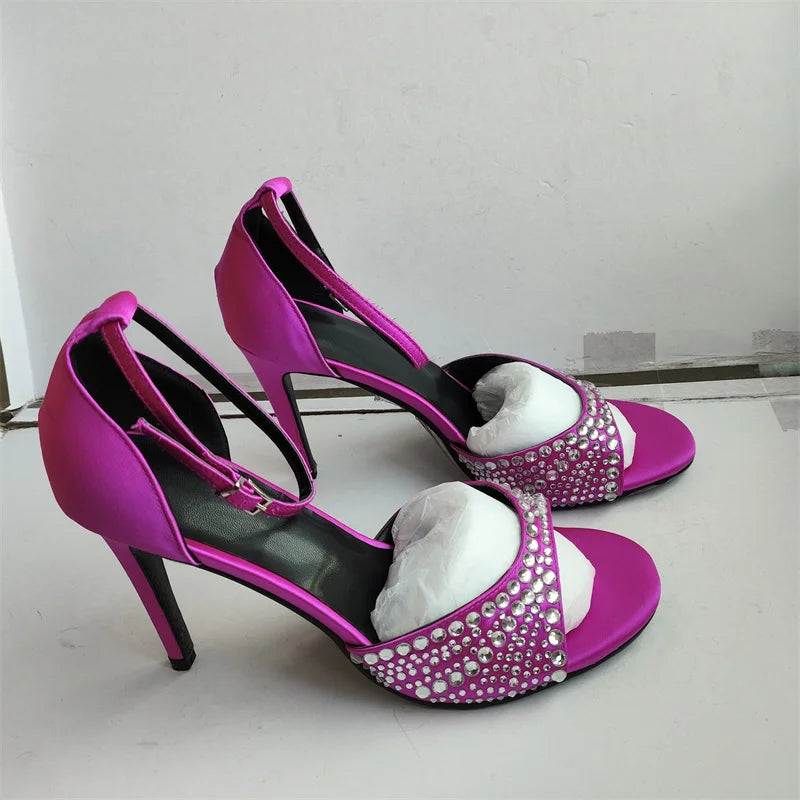 Summer 2023 Internet Celebrity Rhinestone Open Toed Sandals Fashion Round Toe Slim Heel Sandals Sexy Wrapped Party Sandals 35-43