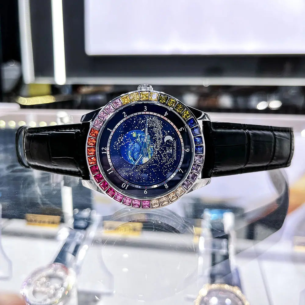 Fashion Starry Sky Luminous Mechanical Watch for Men Leather Steel Strap Luxury Brand Business Automatic Mens Watches AOKULASIC