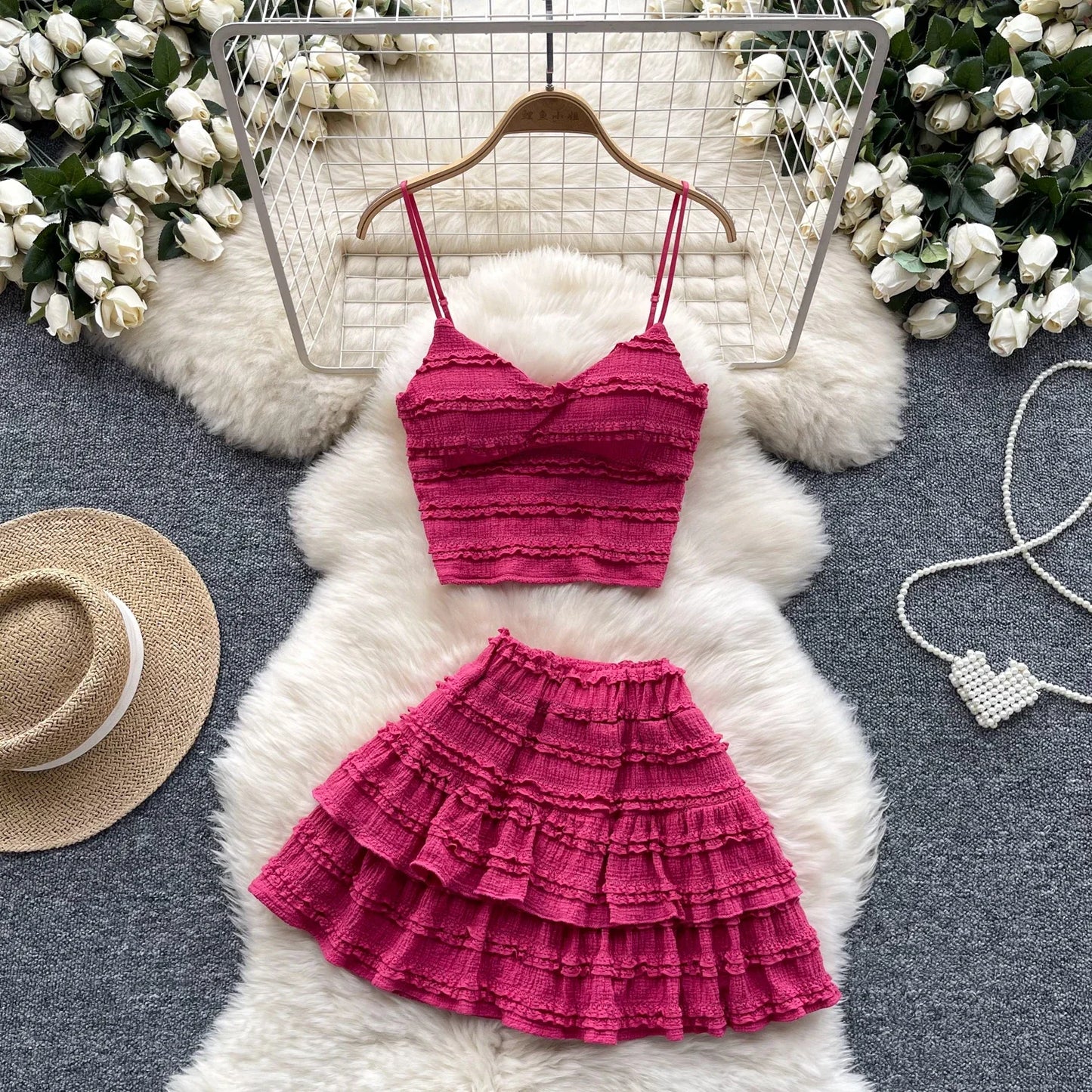 Sexy Two Pieces Sets Forwomen Chic Sexy Short Straps Tank Top with High Waist Mini Skirt Suit Summer Sweet Pleated Skirt