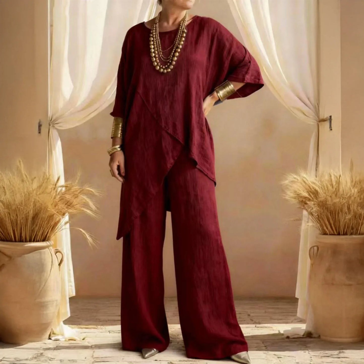 Women's Cotton Linen 2-piece Sets Large Size Casual Wear Sportswear Suit Short-Sleeved O-Neck Top Wide Leg Pants Suits For Women