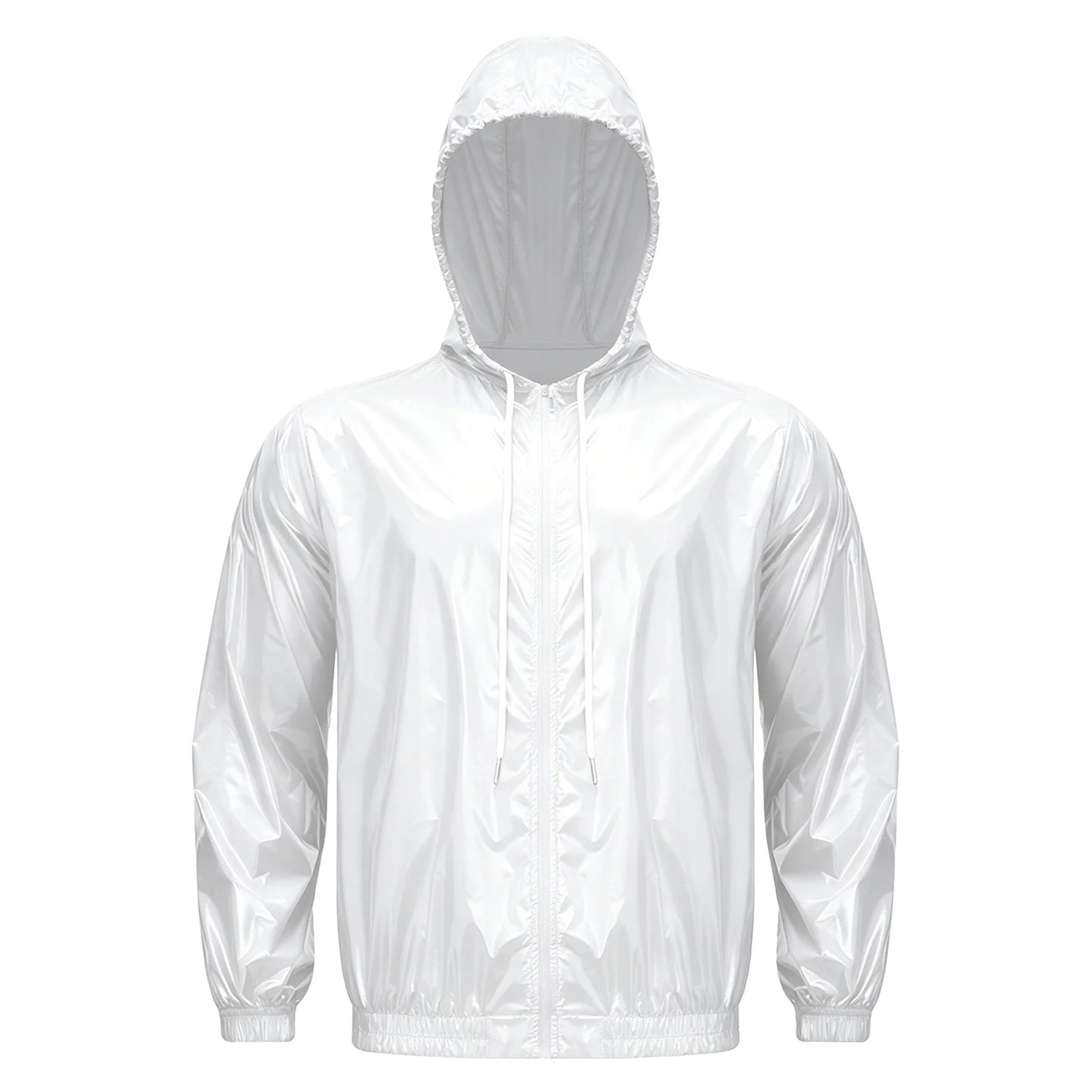 Men Shiny Glossy Hooded Jacket Windbreaker Raincoat for Hiking Fishing Biking Long Sleeve Front Zip-up Drawstring Hood Outerwear