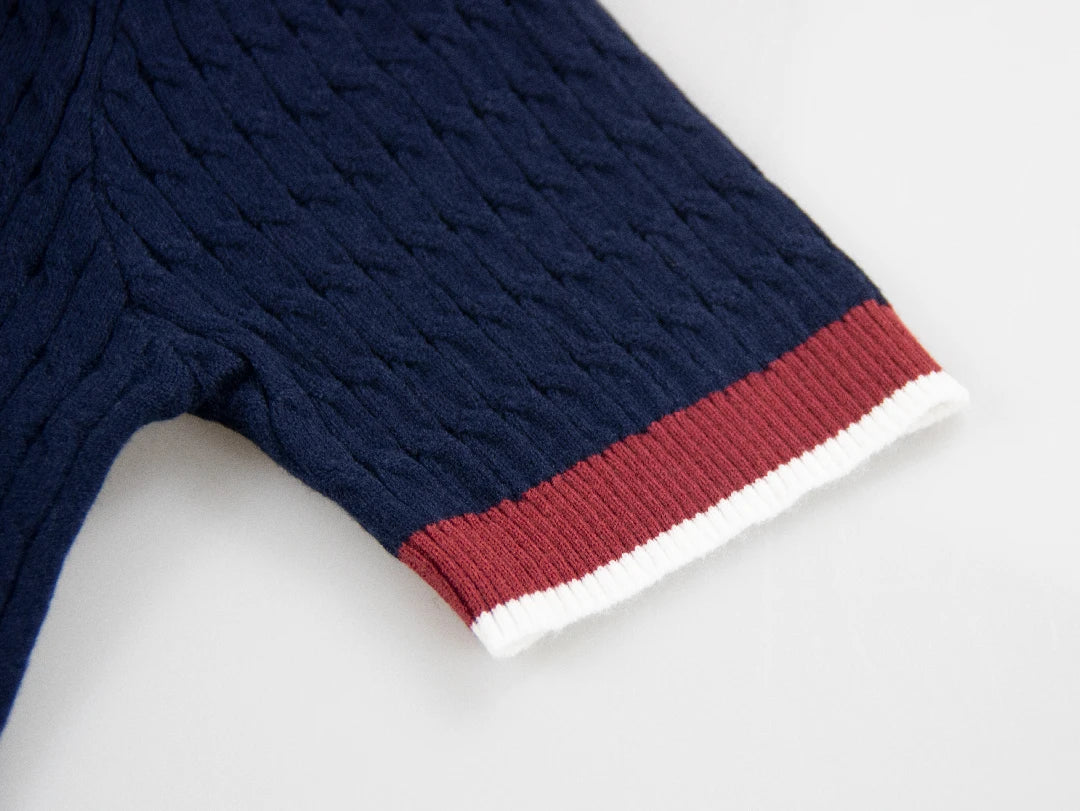 CH Solid Color Embroidered Knit Polo Shirt Women Elegant Short Sleeve Ribbed Trim Office Casual Tops