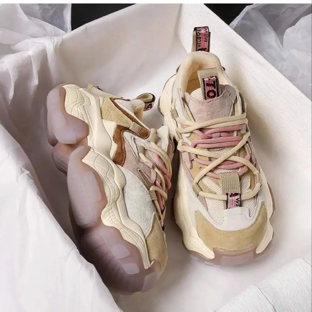 New Women Colored Matsutake Thick Sole Dad Shoes Mesh Breathable Casual Elevated Sports Shoes