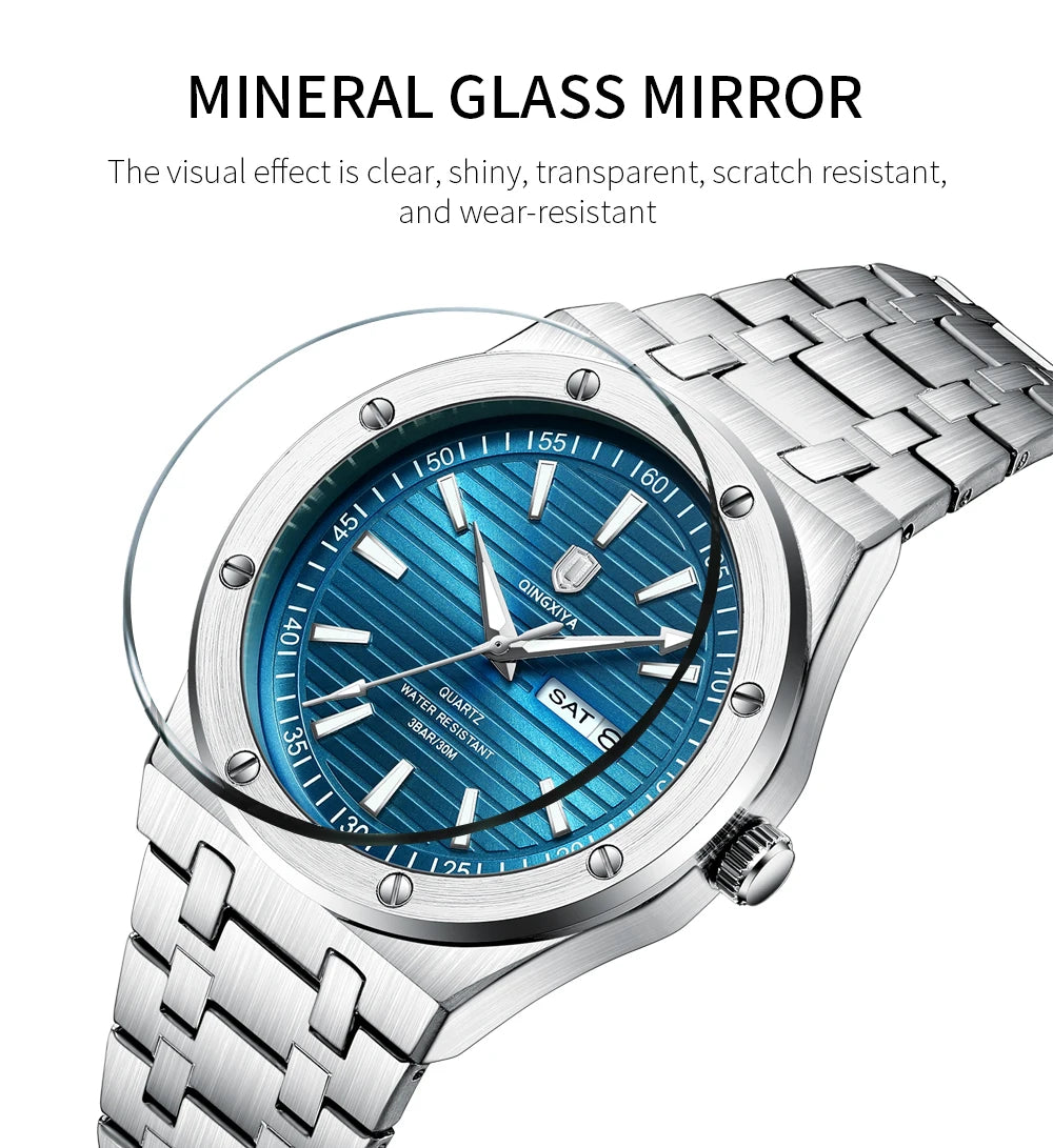 QINGXIYA New Mens Quartz Watches Top Brand Luxury Week Date Man Wristwatch Stainless Steel Waterproof Luminous Sports Men Watch