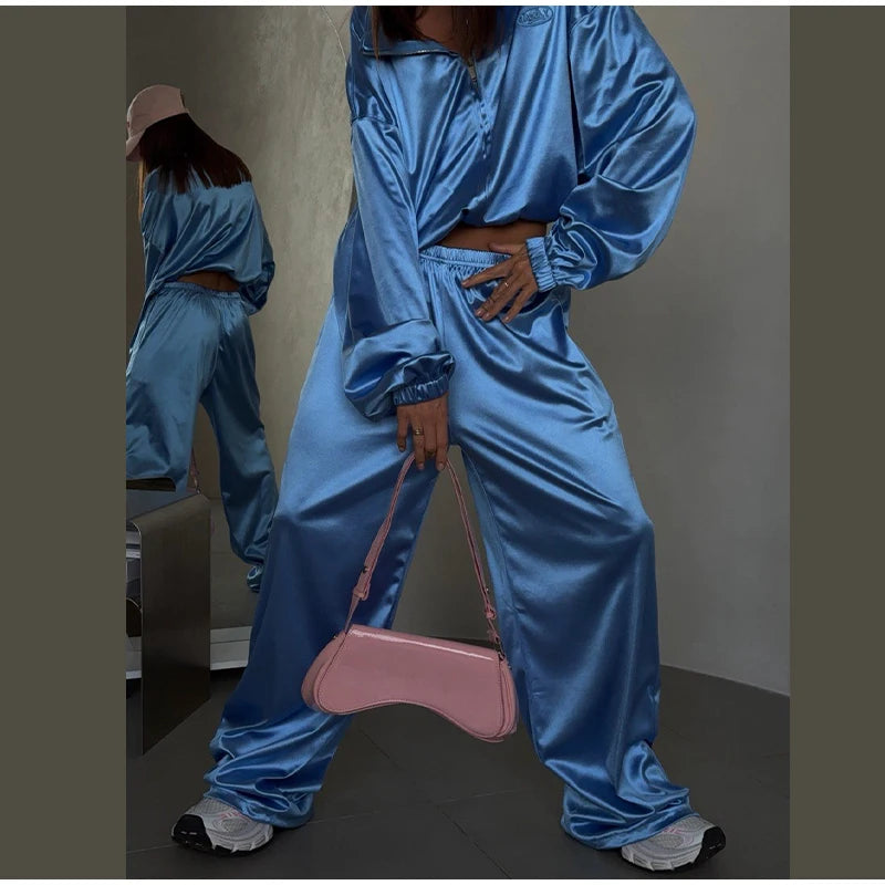 2026 Spring Satin Embroidered Zip-Up Jacket Wide Leg Pants Set Oversized Slouchy Women 2 Pcs Outfit Cool Lady Co-ord Streetwear