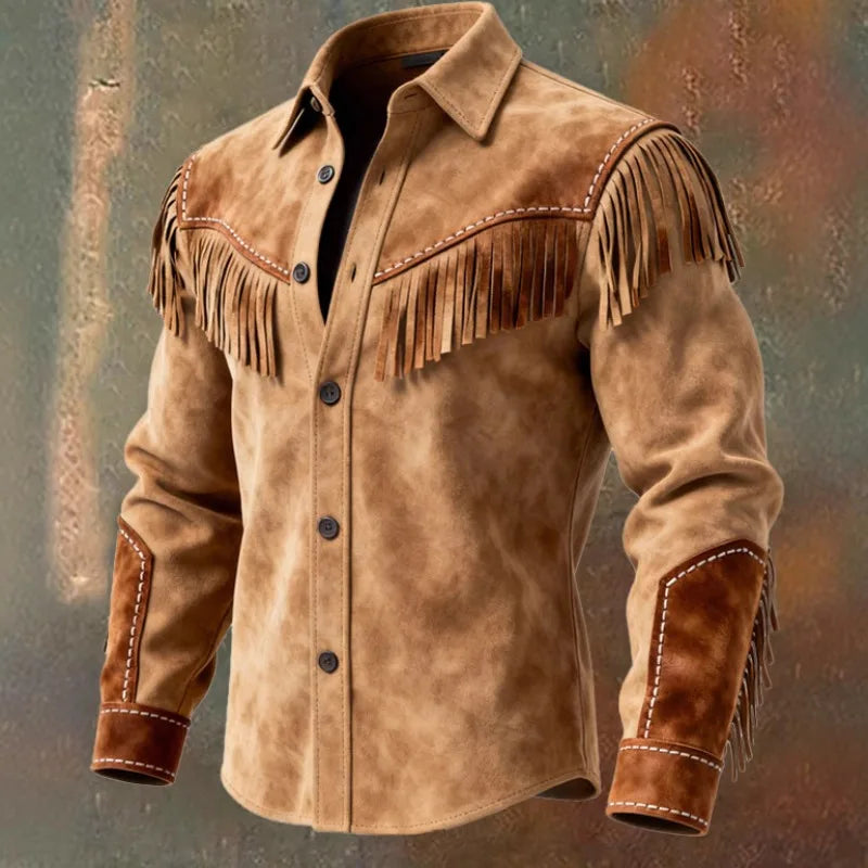 New Men's Tassel Fur Jacket, Western Denim Long Sleeved Jacket, Motorcycle Style Fashionable Patchwork Lapel Top, European Sizes