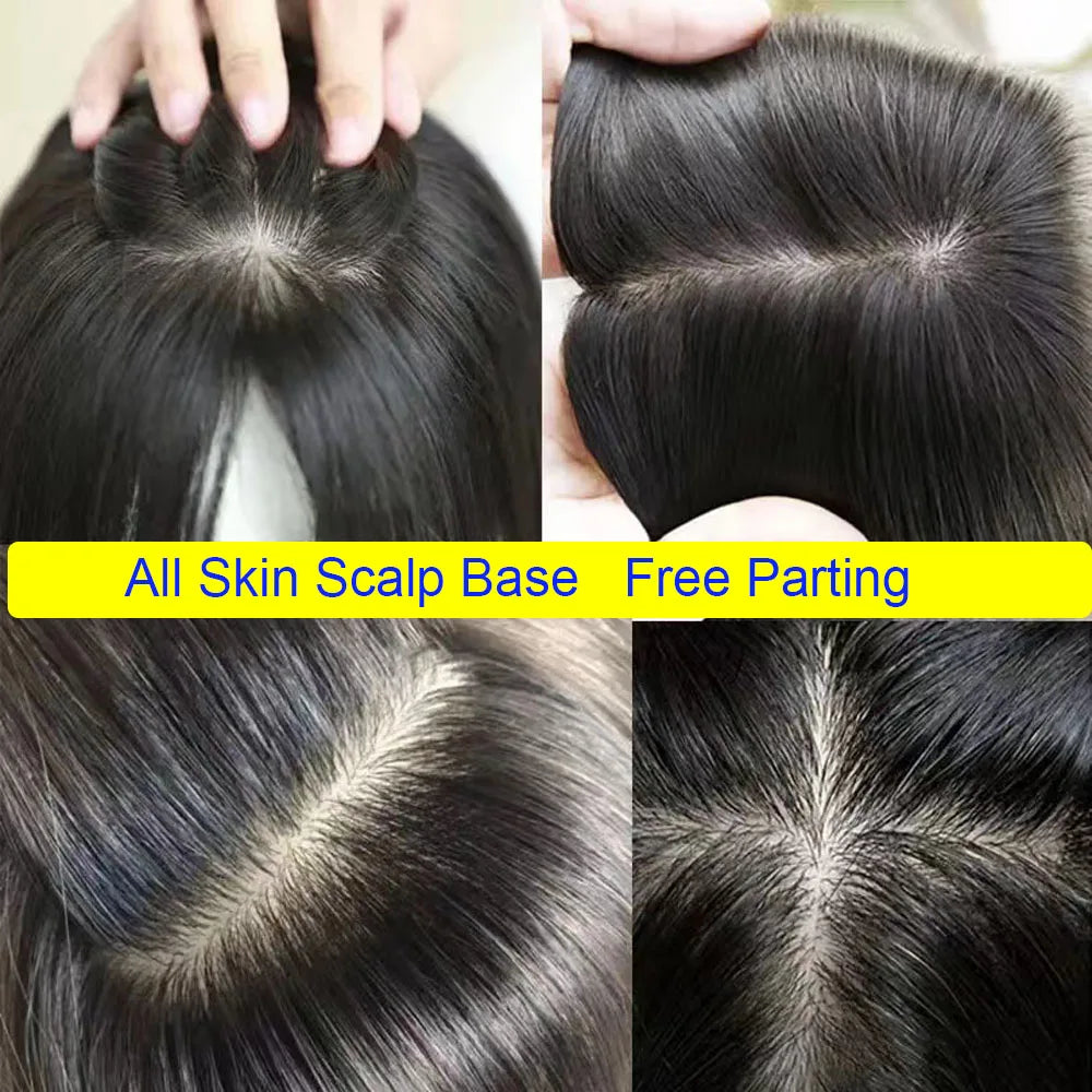 6X6inch Real Human Hair Topper for Women Virgin European Hair Toupee with Clips In Natural Hairline Scalp Base Fine Hairpiece