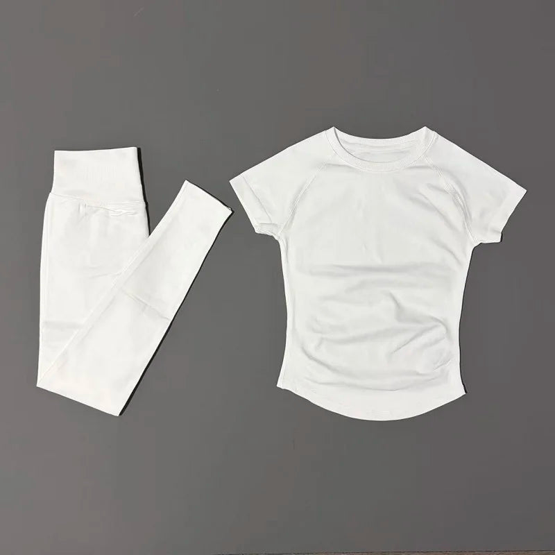 2 Pieces HISTELLO Yoga Set Women Short Sleeve Crop Top Low Waist Butt Lifter Leggings Seamless Breathable Stretch Fitness Sets