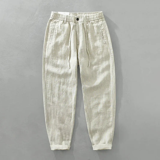 Men's linen casual pants, drawstring elastic waist, loose and breathable linen beach trousers