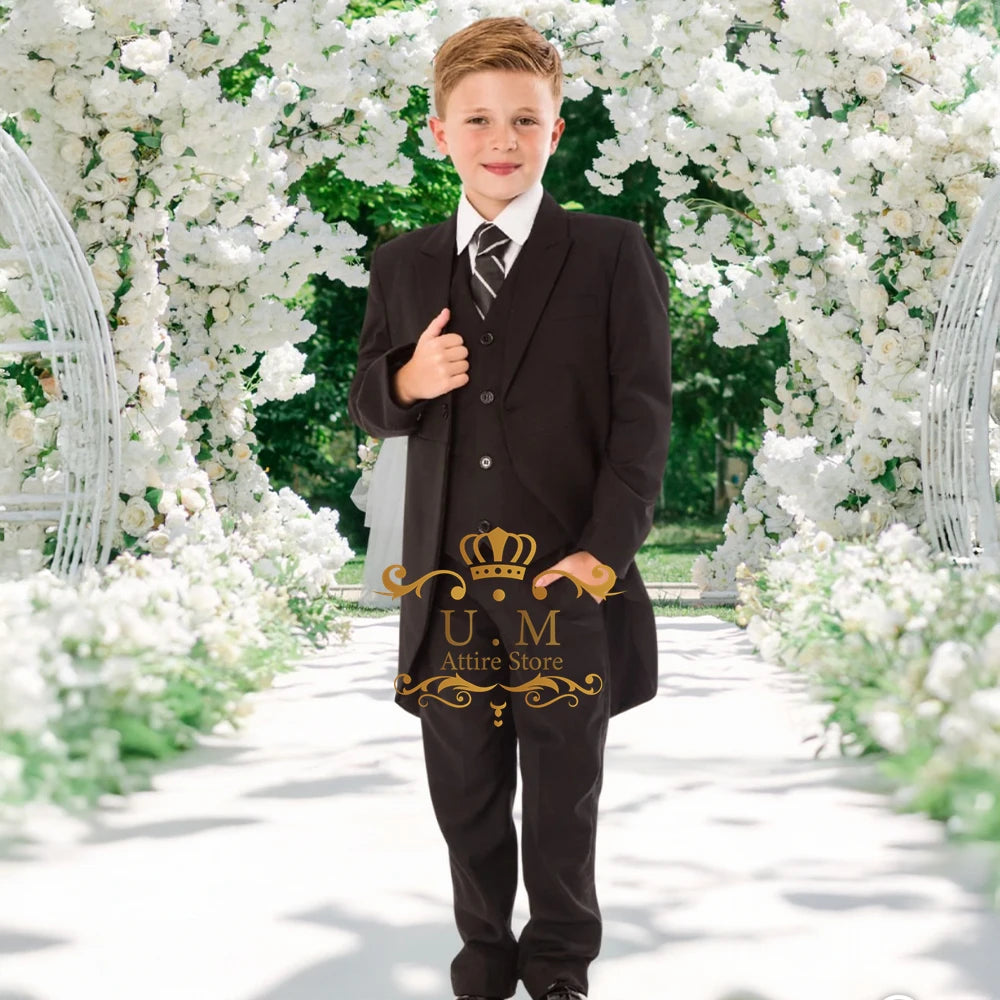 Custom Boys' 3-Piece Tuxedo Set Long Jacket Black Vest Pants Slim Fit Suit for Wedding Birthday Party Children Performances