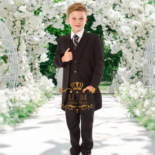 Custom Boys' 3-Piece Tuxedo Set Long Jacket Black Vest Pants Slim Fit Suit for Wedding Birthday Party Children Performances