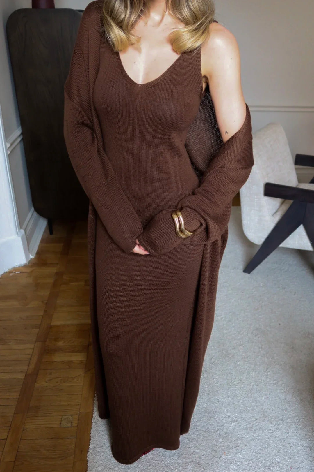 Hirsionsan Soft Loose Sets Women Three Pieces Long Sleeve Cardigan & Sexy Vest Dresses Elegant Female Hollow Outfits Tracksuit