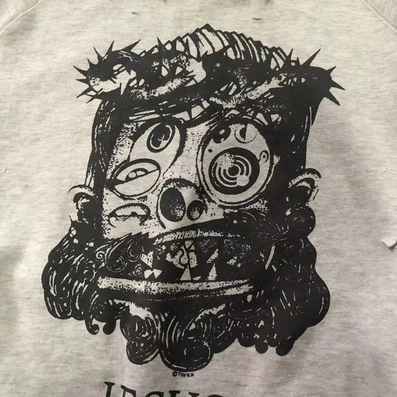 Real Photo Portrait Graffiti Print Saint Hoodie Wash Do Old Destroy Loose Pullover Casual Women Men Sweatshirt
