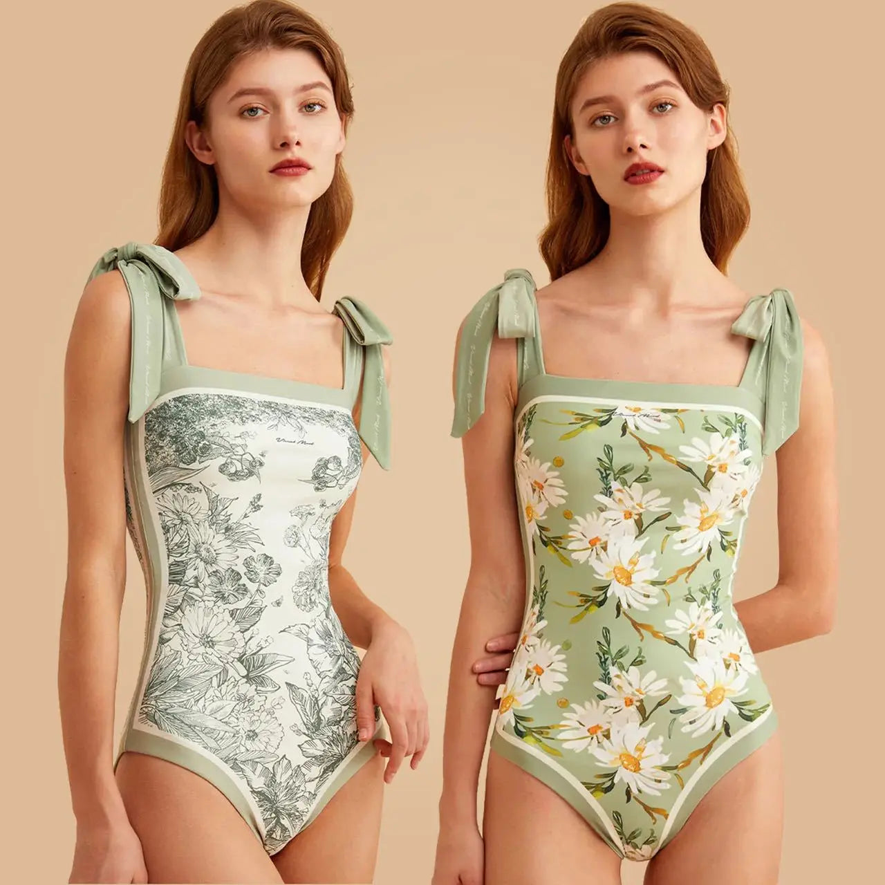 Y2K Floral One Piece Swimsuit Reversible Tie Shoulder Monokini Tummy Control