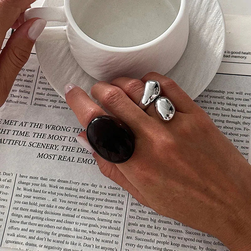 New Vintage Metal Water Drop Acrylic Ring Women Fashion Geometric Thick Resin Knuckle Rings Set Boho Jewelry 2Pcs/Set