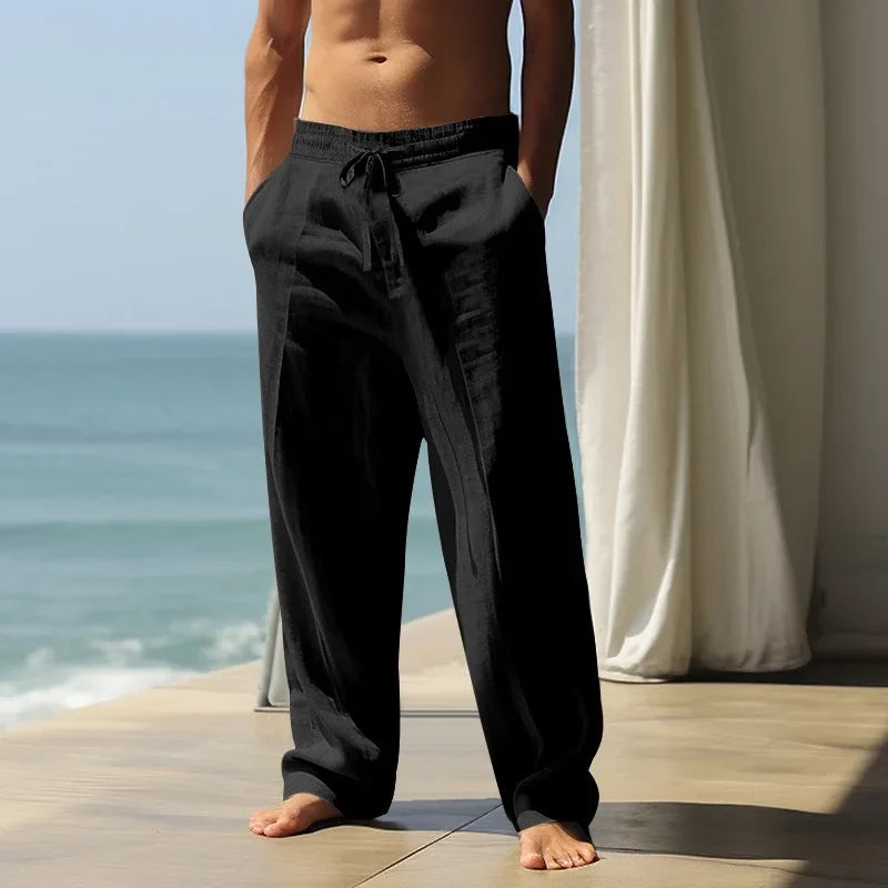 Cotton linen men's pants 2025 summer new loose casual pants high waisted breathable plus size Haren pants slimming wide trousers