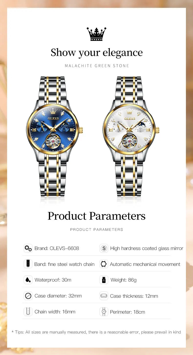 OLEVS 6608 Women Watch Original New Luxury Watch Stainless Steel Automatic Mechanical Diamond Scale Waterproof Watches For Women