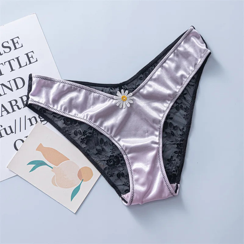 European Sizes Satin Luxury Style Women Sexy Low Waist V Shape Lace Flower Underwear Breathable High Stretch Soft Panties Breifs