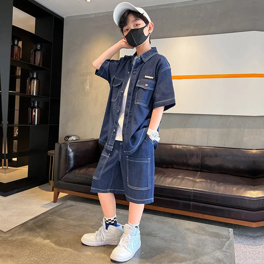 New Baby Boys Denim Casual Outfits Clothing Sets Summer Children Fashion Short Sleeve Coats + Shorts 2pcs Kids Tracksuits