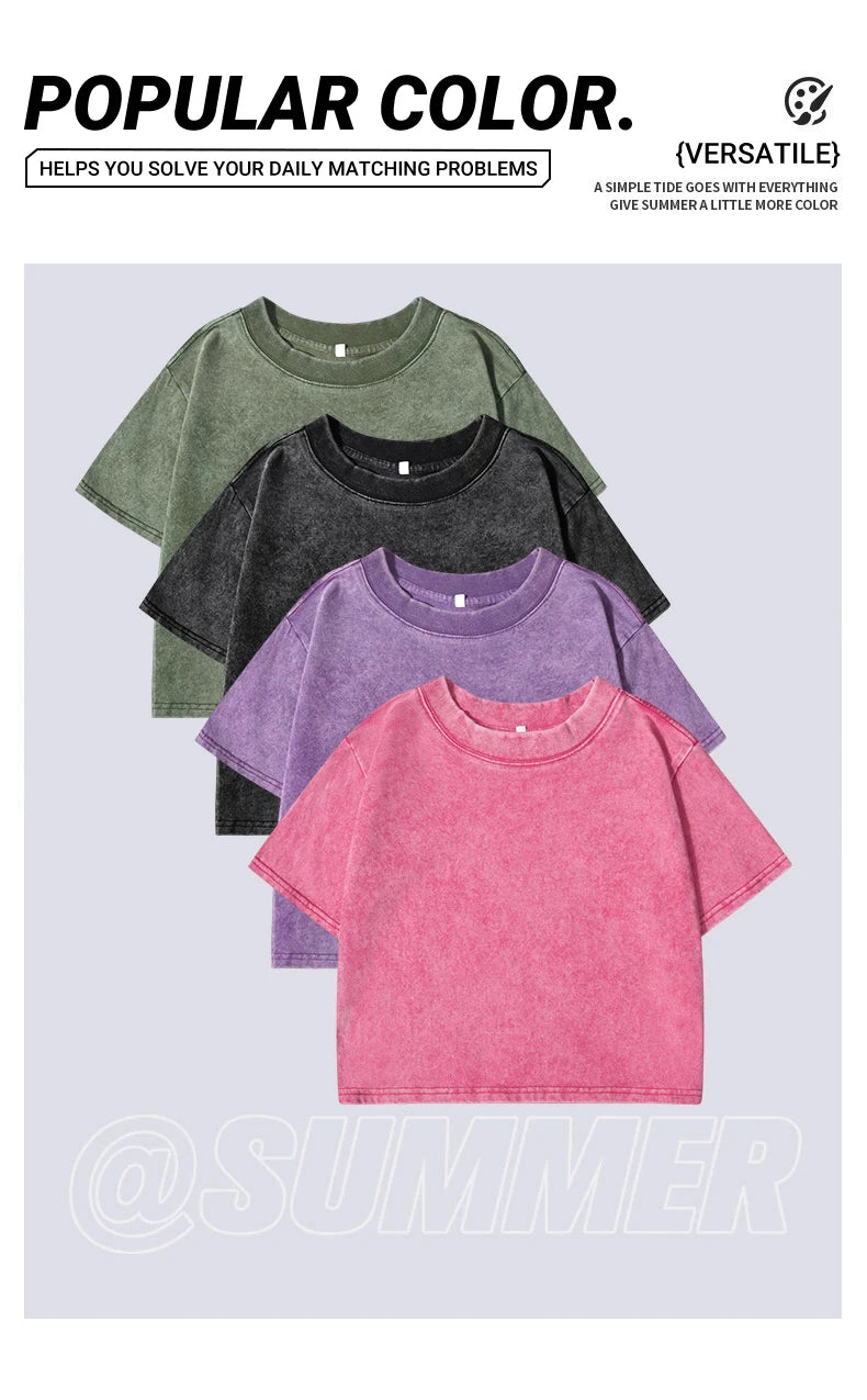 80 S Girl Colorfulprinting Female Washed Short Tshirt Breathable Summer T Shirt Casual Fashion Midriff-Baring Distress Tops