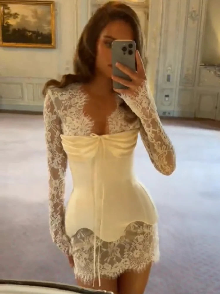 Lace Trim Bustier Dress Satin Deep V Neck Long Sleeve Ruched Sexy Elegant Bandage Vestido 2026 NEW Women‘s Evening Dresses