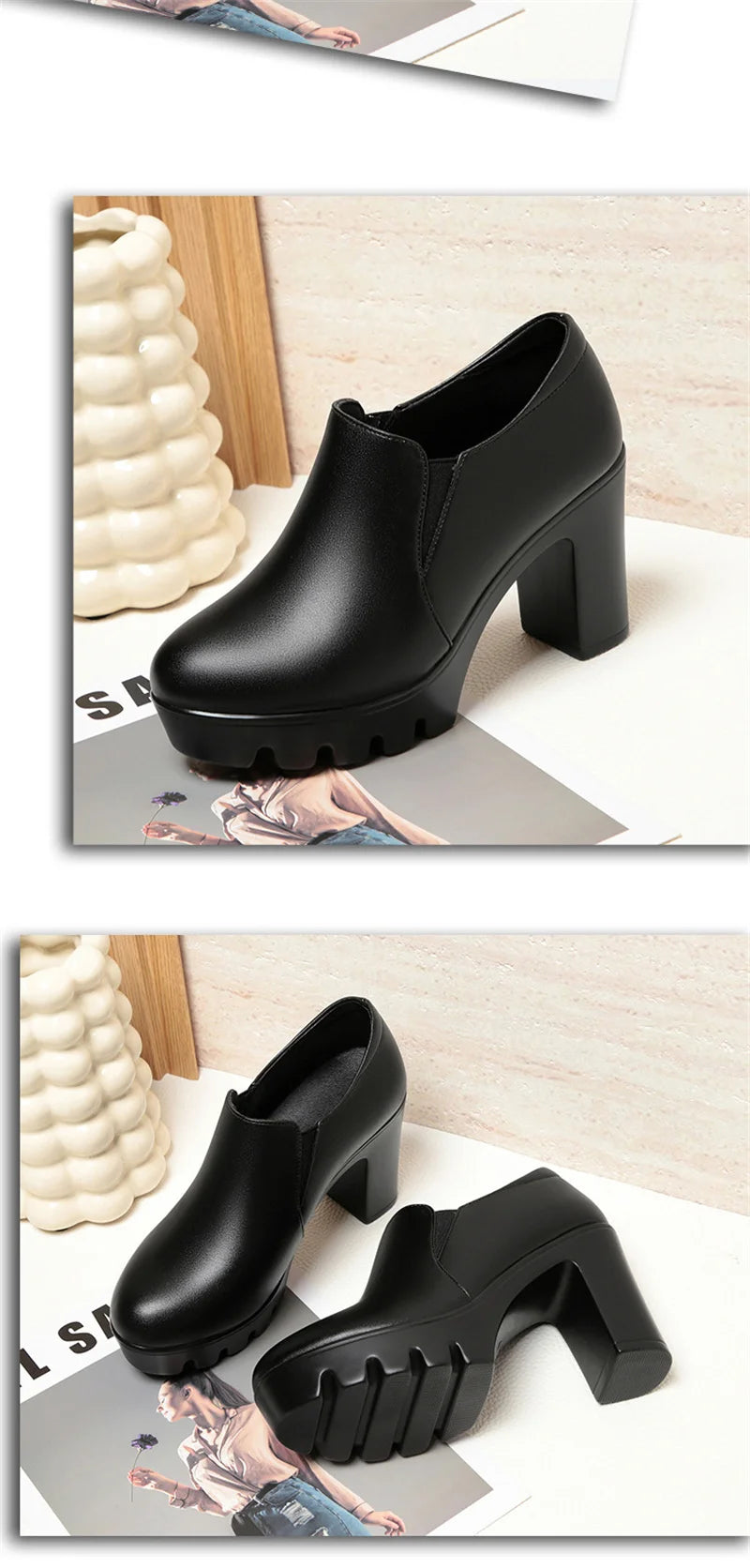 Round Toe Deep Mouth Single Shoes High Heels Thick Heels Versatile Spring Autumn Thick Sole Waterproof Platform Leather Shoes