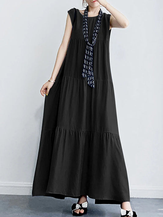 Women Summer Maxi Long Dress Elegant O Neck Sleeveless Sundress ZANZEA Stylish Solid Ruffles Dresses Party Vestidos Robe Femme
