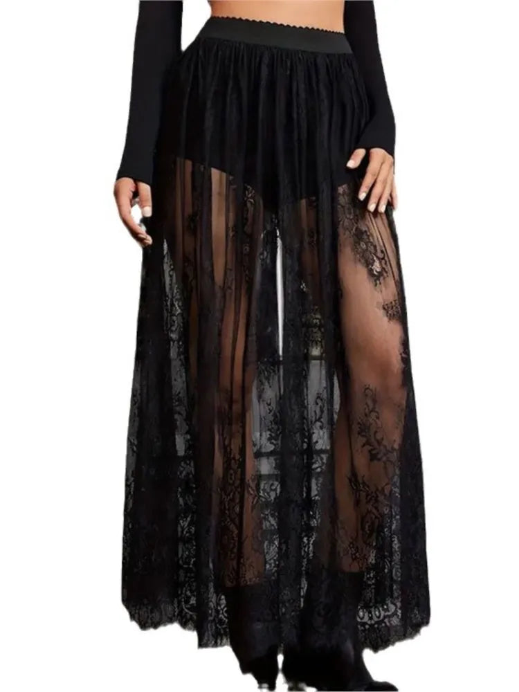 Sexy Solid Color See Through Lace Patchwork Skirt Women Fashion Trendy Chic Y2k Style Skirts Summer Streetwear Female Clothing