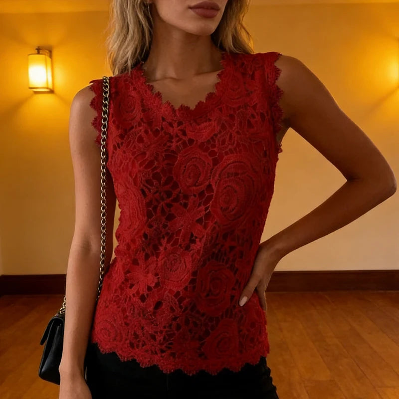 Summer Floral Lace Sleeveless Blouse O Neck Tank Top For Women Rose Pattern