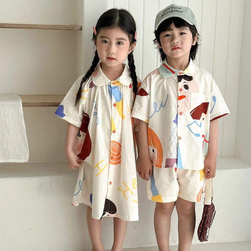 Loose Fit Summer Kids Clothes Set Girls Cute Graffiti Dress Boys Short Sleeved Shirt Children Thin Brother Sisters Outwear Suit