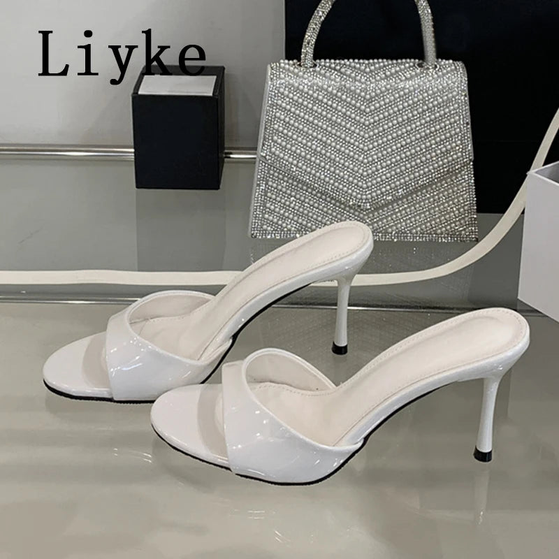 Liyke White Patent Leather Women Slippers Sandals Fashion Round Open Toe Thin High Heels Mules Slides Summer Party Dress Shoes