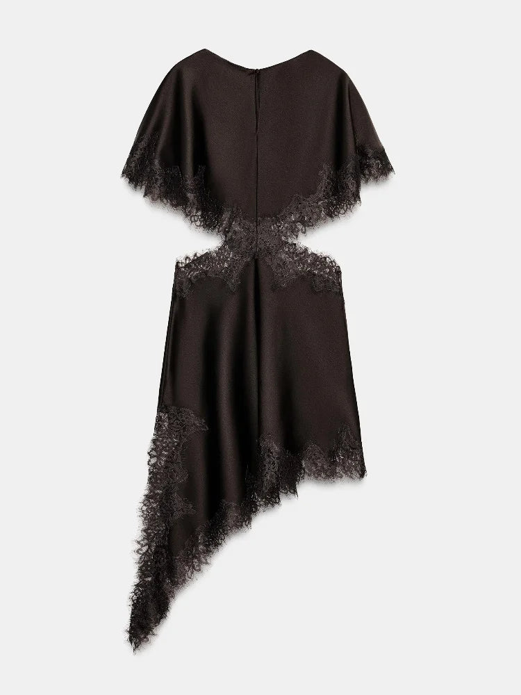 Women Vintage Elegance Knee-length Skirt Lace Edged O-neck Exposed Waist Brown Dress 2025 New Lady Party Club Fashion Clothing