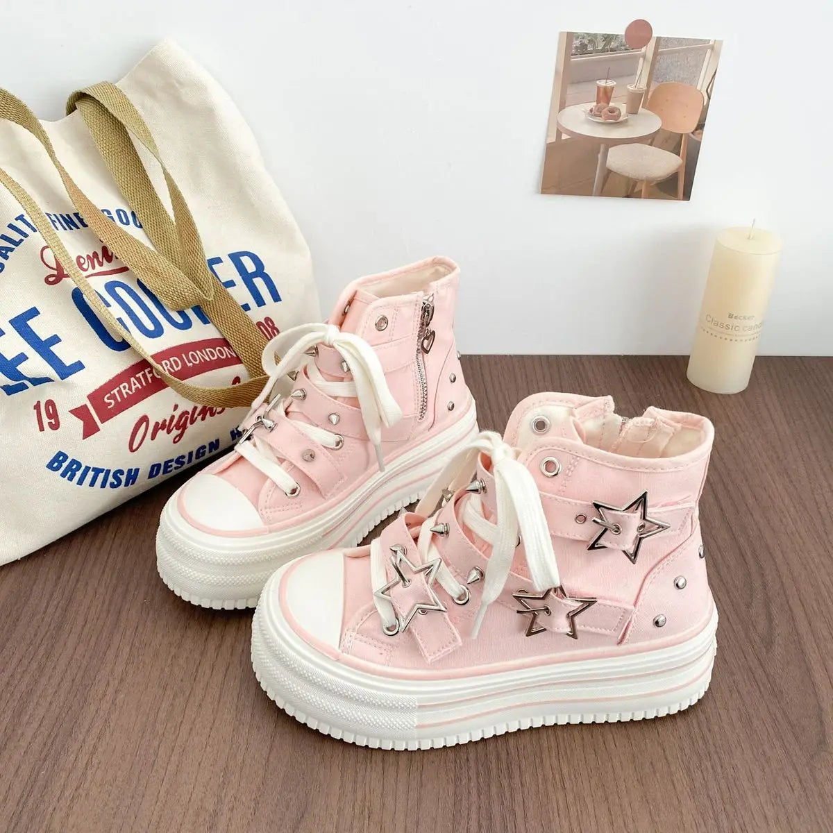 Y2K Pink High-top Canvas Shoes for Women Design Rivet Buckle Lace-up Platform Women's Summer Sports Shoes Fashion Board-shoe