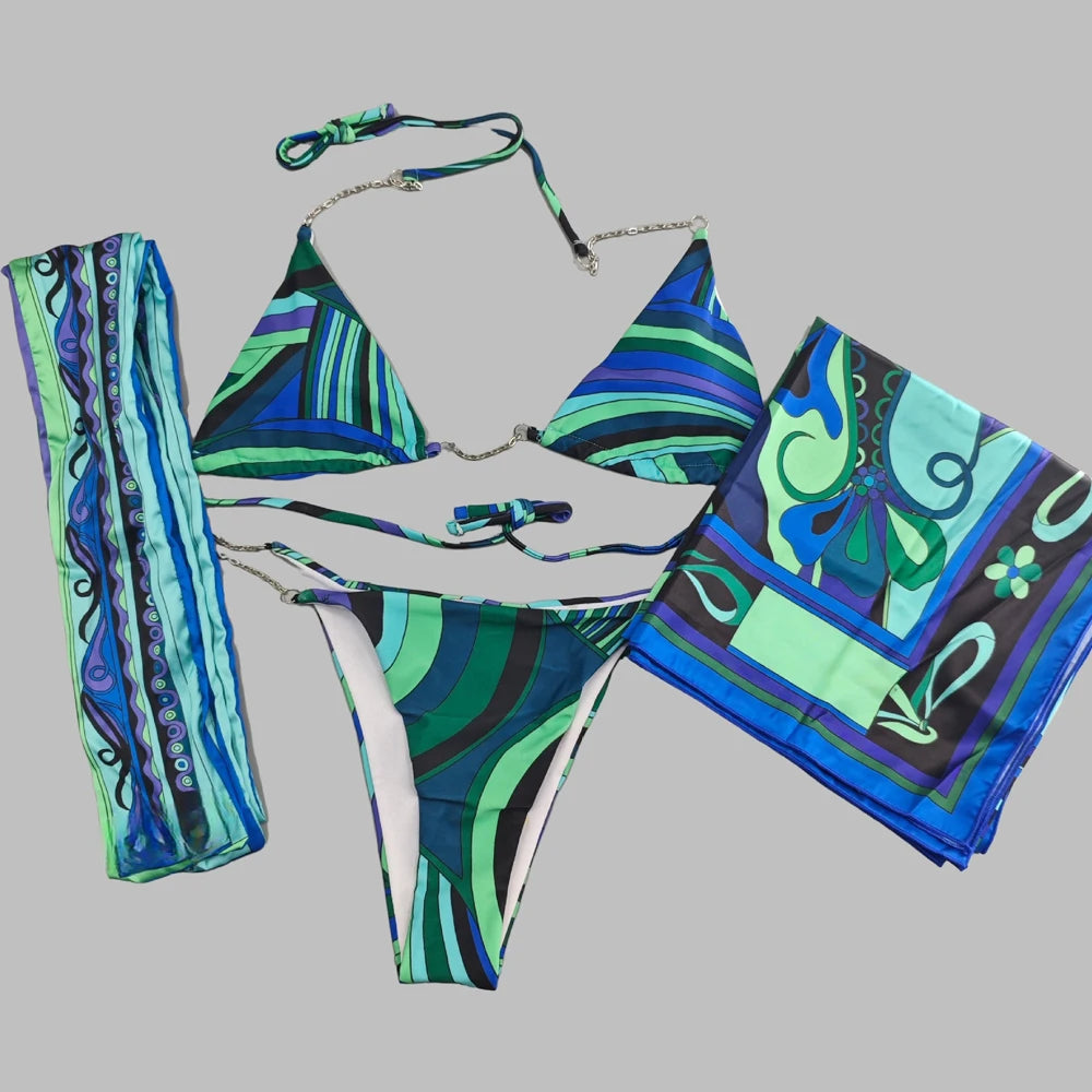 Hot Sales Latest Fashion Luxury 3 Pieces Swimsuit With Headband Beach Scarfs 2026 Summer Sexy Women Bikini Designer Swimwear