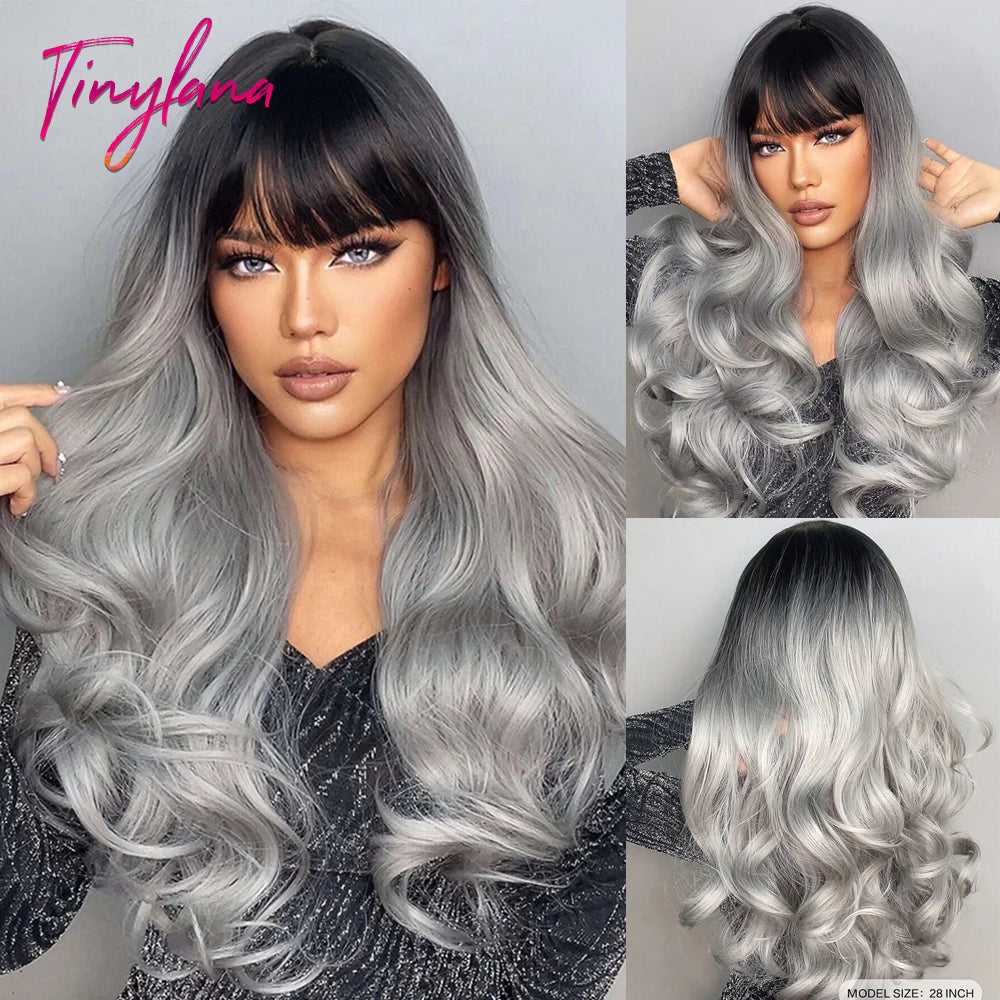 Long Wavy Silver Ash Ombre Cosplay Synthetic Wigs Natural Curly Gray Black Hair Wig with Bangs for Women Afro Heat Resistant