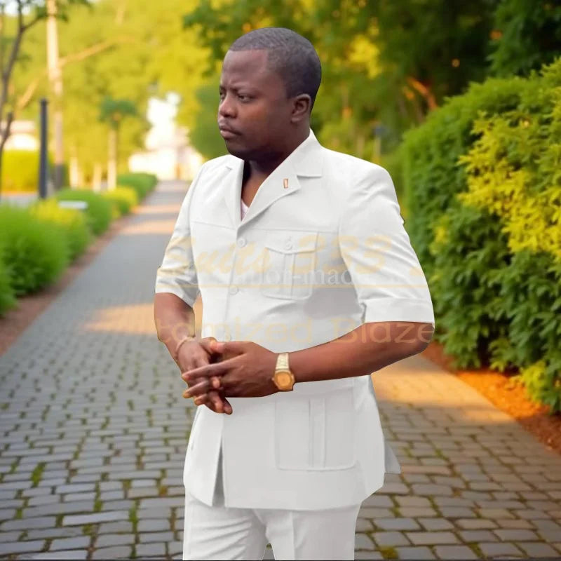 Safari Men Suits with Short Sleeve 2 Pieces Single Breasted Stand Notch Lapel African Fashion Style Set Jacket Pants