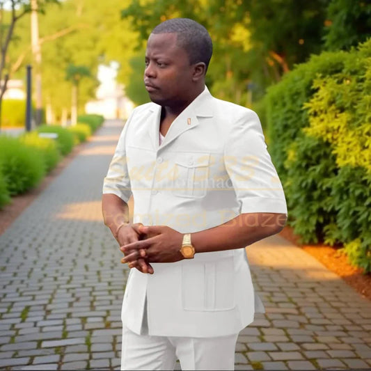 Safari Men Suits with Short Sleeve 2 Pieces Single Breasted Stand Notch Lapel African Fashion Style Set Jacket Pants