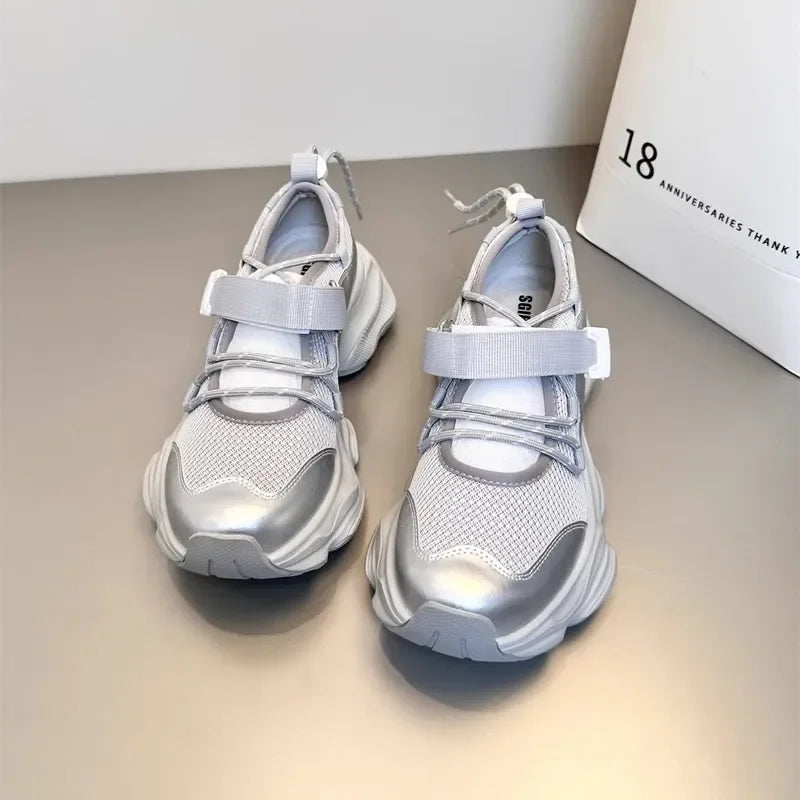 Women's Breathable Mesh Hollow Out Thick Bottom Casual Sports Shoes Thin Mary Jane Shoes Magic Tape Leisure Sports Shoes