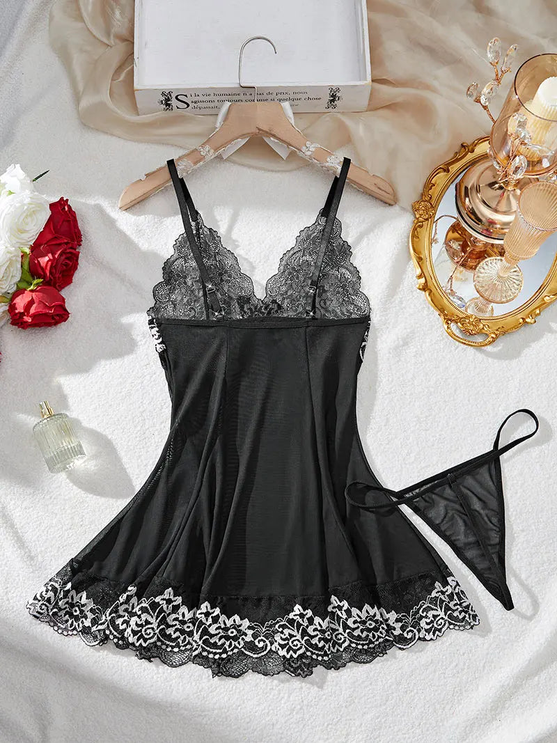 2 Piece Transparent Set Lace Bra Slim Nightgown Set With Thong Erotic Lingerie Pajamas Plus Size Porno Night Dress Sexy Babydoll
