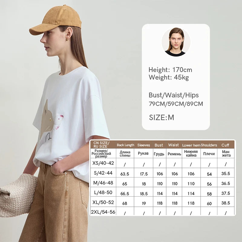 AMII Summer Casual T-shirt for Women 2025 Print Round Neck Short Sleeve Shirts Lady Fashion New Loose Clothes Woman 12522007