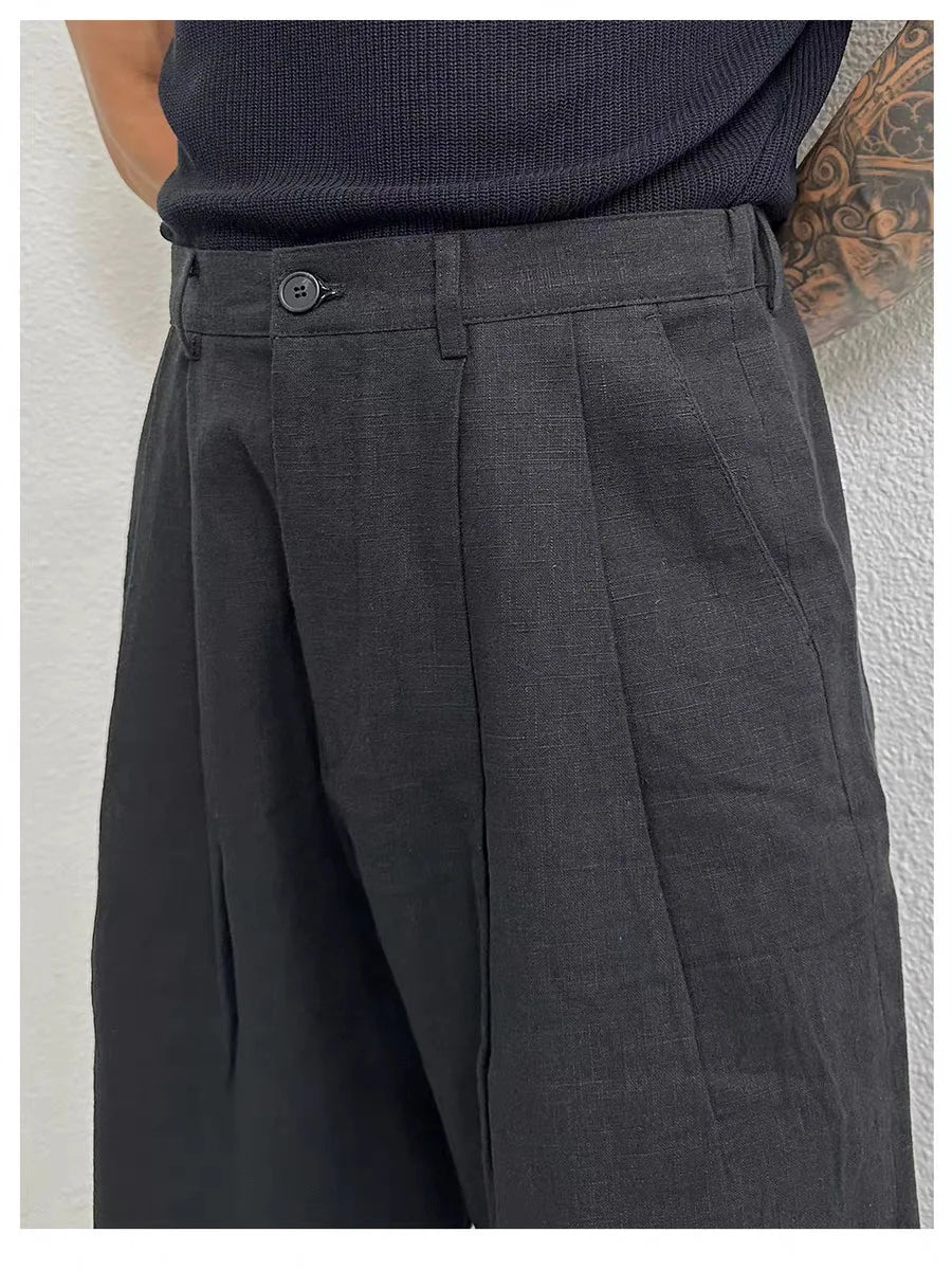 New Men's Cotton Linen Workwear Trousers Draped Wide Leg Pants Light Luxury Leisure Solid Straight Trousers Premium Sweatpants