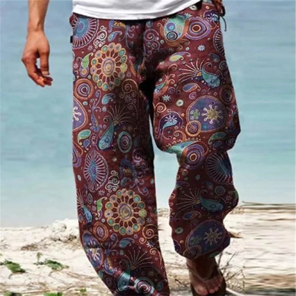 Mens Casual Baggy Harem Pants Elastic Waist Beach Loose Wide Leg Hippy Trousers