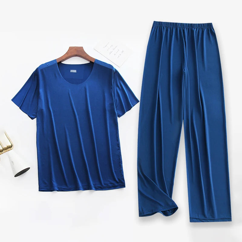 2Pcs/set Mens Ice Silk Short Sleeves T-Shirt & Long Pants Cool Thin Sleepwear Male Summer Pyjamas Home Clothing Nightwear Suit