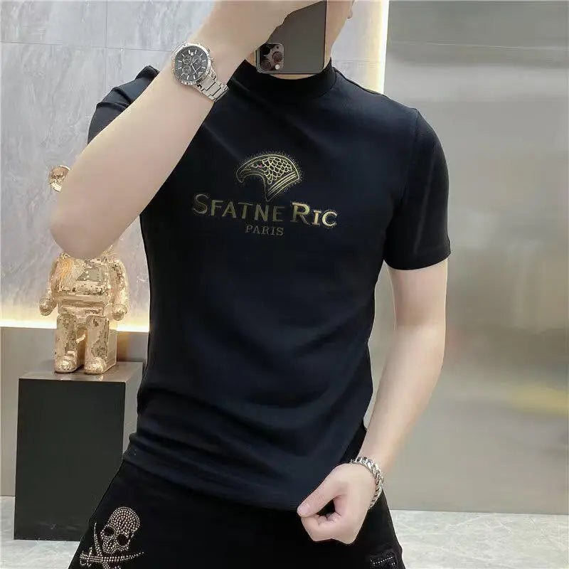 Luxury Rhinestone Summer Men's T-shirt Slim Fit Short Sleeve Casual T-shirt Male Round Neck Business Social Tee Top Men Clothing