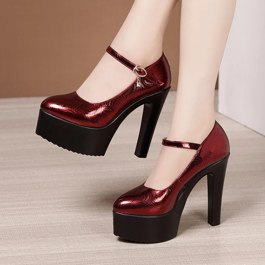 9cm 11cm 13cm Small Size 32-43 Sexy Bright Leather Shoes Women's Platform Pumps 2026 Fall Block High Heels Shoes Model Party