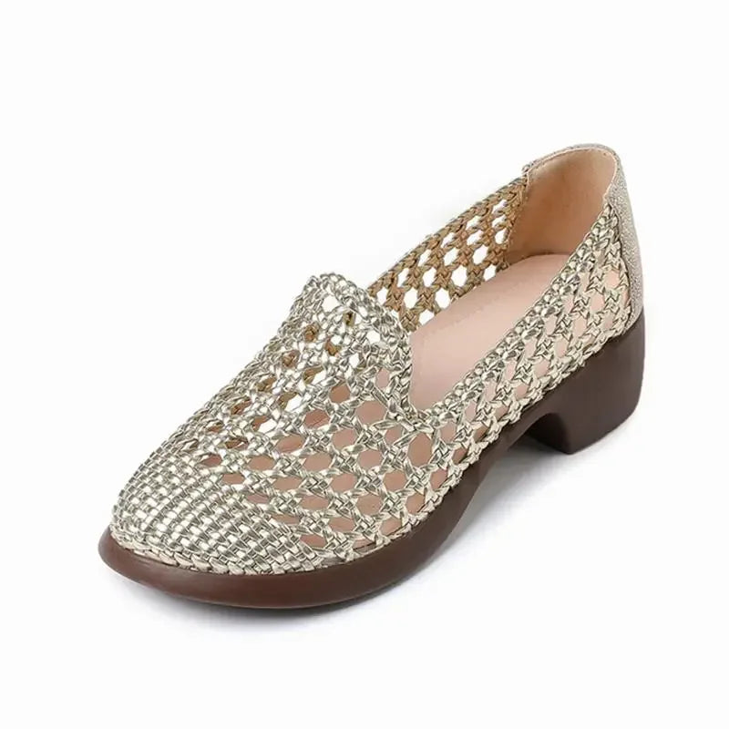 Summer Hollow Woven Breathable Shoes Women Sandals Big Size Thick Heels Genuine Leather Shoes Summer Casual Sandals