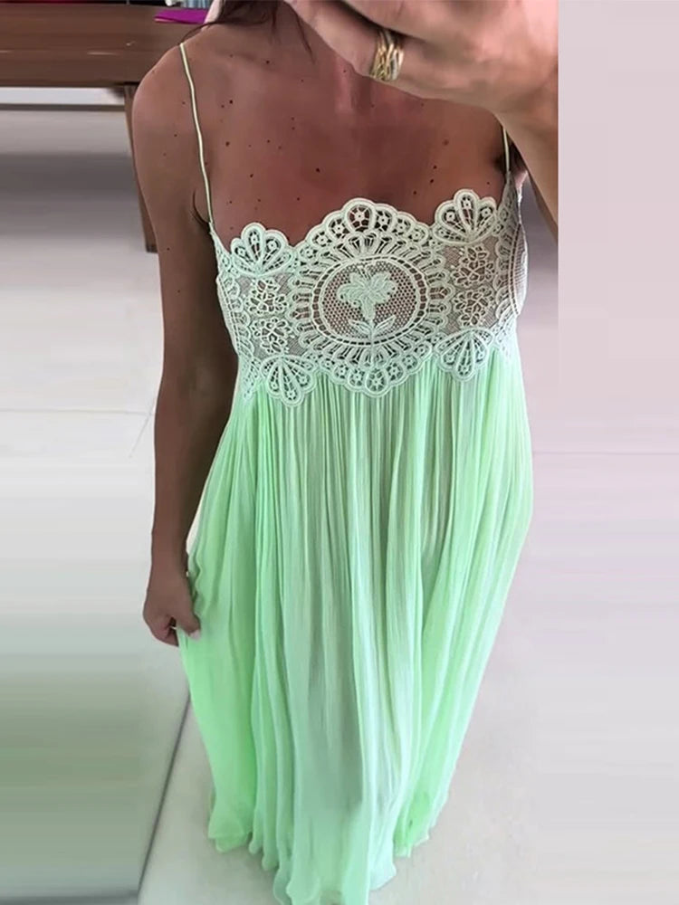 Sheer Layers Lace Stitching Solid Women's Suit Sling Mini Top High Waist Loose Long Skirt Fashion 2026 Summer New Beach Lady Set