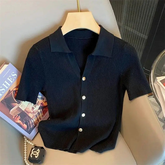 Korean Polo Knit Short Sleeve Top