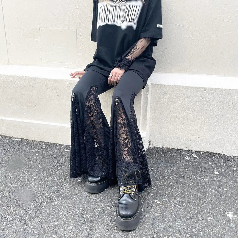 Goth Mall Flare Pants Sexy Black Lace Patchwork High Waist Vintage Harajuku Hippie Punk Grunge Streetwear  Y2k Pants